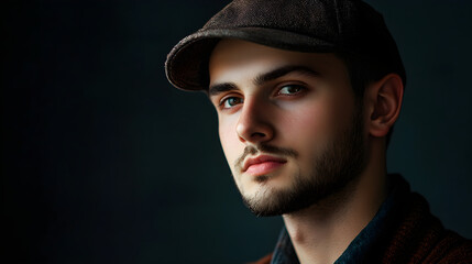 Obraz premium Young man in cap with serious expression, showcasing confidence and style