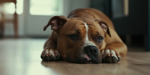 Obraz premium A close-up of an XL bully in a docile state, lying with its head resting on its paws and eyes half-closed, looking peaceful and calm