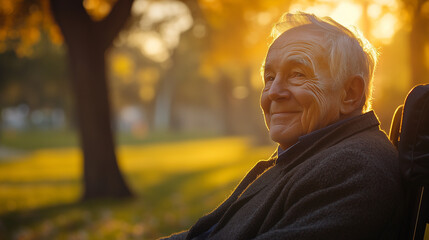 Elderly disabled man in wheelchair smiling in sunny park, bright daylight filtering through trees