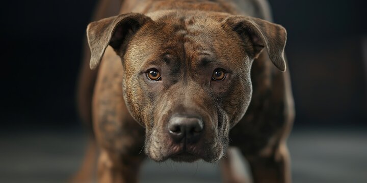 A close-up of an XL bully in a defensive posture, muscles tensed and ears pulled back, with an intense look in its eyes