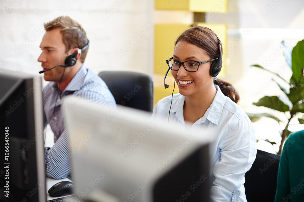 Poster virtual assistant, telecom or happy woman on computer in call center for consulting, online help or 