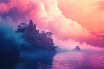 A Silhouetted Cliffside and Trees Against a Pink and Orange Sky