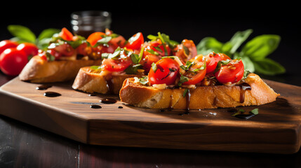 Fresh tomato bruschetta with herbs on dark wooden surface