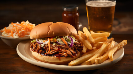 BBQ pulled pork burger with crispy fries and beer
