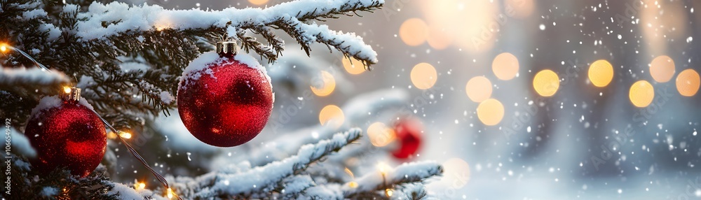 Poster red christmas ornament hanging on a snow-covered pine branch with string lights and blurry bokeh bac