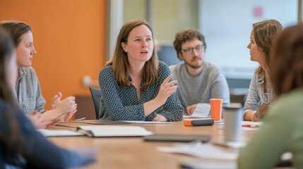 Fototapeta premium A group of people are sitting around a table, one of them is talking