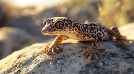 Obraz premium Close-up of a gecko on a rock with its eye looking up and a blurred background