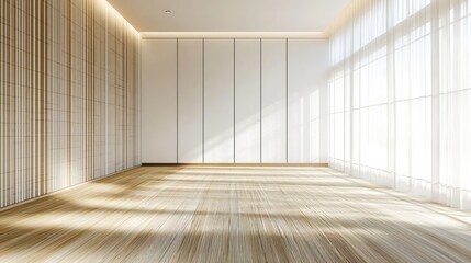 Modern minimalist room with large white walls and natural bamboo flooring.