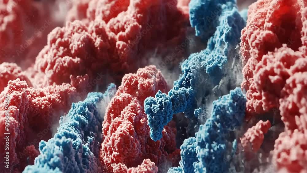 Poster red and blue powder swirls together in an abstract formation, creating a dynamic and colorful scene