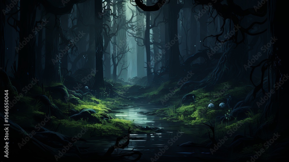 Aufkleber mysterious forest with a tranquil stream and soft light filtering through trees at dusk