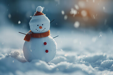 Obraz premium Christmas greeting card with bright winter holiday snowman and New Year background