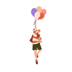 Happy man flying with balloons. Carefree young dreamer holding helium baloons, soaring in air flight. Freedom, fun and adventure concept. Flat vector illustration isolated on white background