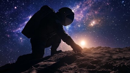 Obraz premium Astronaut Discovering New Planet: Sci-Fi Exploration of Unknown Terrain with Galaxies and Stars in Silhouette