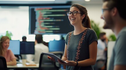 A woman is smiling and holding a tablet in front of a computer monitor
