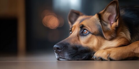 A large dog resting its head on its paws, eyes filled with anxiety as it glances towards the source...