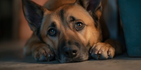 Obraz premium A large dog resting its head on its paws, eyes filled with anxiety as it glances towards the source of distant fireworks outside. 
