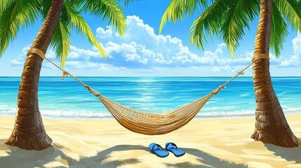 A serene beach with crystal-clear water, a hammock tied between two palm trees