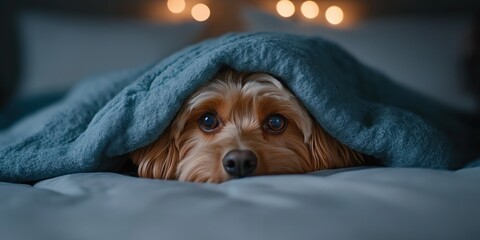 A small dog curled up under a blanket, only its eyes visible, wide and alert from the sound of distant fireworks