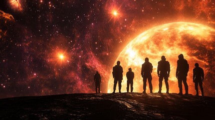 Explorers of the Unknown: Silhouetted People on Distant Alien Planet with Glowing Stars and Nebulae Background in Sci-Fi Scene