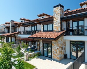 Contemporary Bulgarian townhouses at the seaside with award-winning quartz roofing.