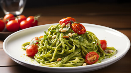 Homemade pesto pasta with fresh tomatoes