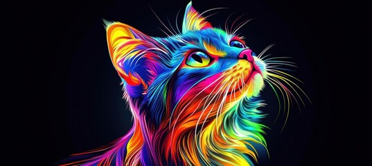 Bold and Colorful Cat Head on Dark Background