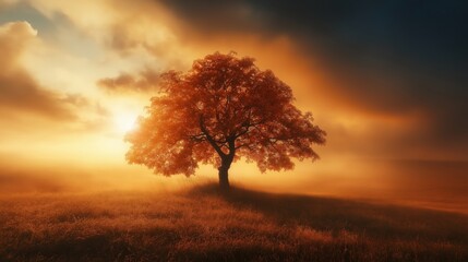 Obraz premium Tree standing in the middle of grassland during sunset
