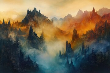 A misty mountain range with peaks shrouded in fog