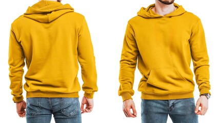 Vibrant yellow hoodie on young man, blank design space