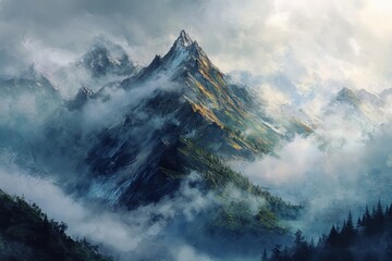 A Majestic Mountain Peak Piercing Through Clouds