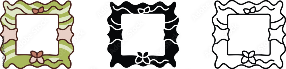Aufkleber three variations of a rectangular frame with wavy, organic edges. one is filled with muted colors, t