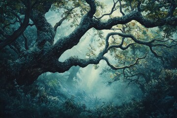 A Misty Forest Path Underneath Lush Tree Canopies