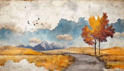 A piece of wall art depicting a Wyoming landscape during late summer, characterized by impasto techniques, fragmentation, and a rustic aesthetic