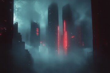 Tall Buildings in Foggy Cityscape with Red Neon Signs