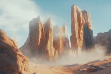 Ancient Stone Pillars Emerging from a Dusty Desert Landscape