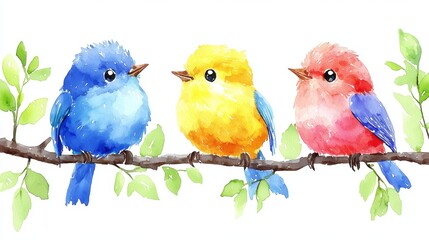 Three Colorful Birds on a Branch in Pastel Style
