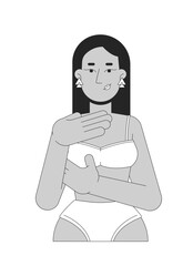 Brunette middle eastern woman in brassier examining breast black and white 2D line character. Mastopathy. Turkish female touching chest isolated vector outline person. Monochrome spot illustration