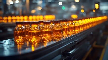 a production line in a clean, well-lit setting, with amber bottles moving through automated machinery.  pharmaceutical manufacturing, production line, pharmaceutical production