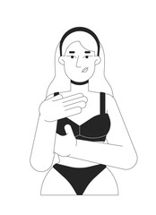 Caucasian white woman in brassier examining breast black and white 2D line character. Mastopathy detection. Blonde female touching chest isolated vector outline person. Monochrome spot illustration
