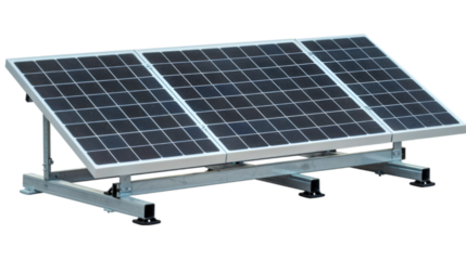A solar panel mounted on a metal frame isolated on white background, front view 