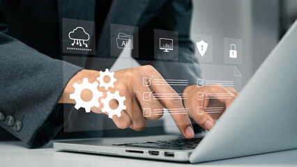 Business process optimization. Automated industrial technology with digital transformation. Robotic...