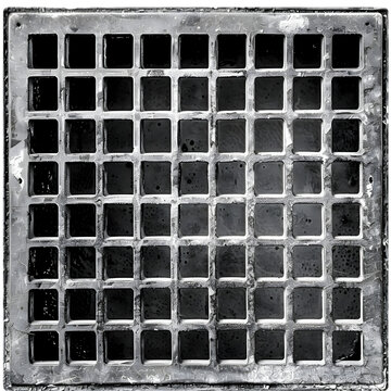 A drainage grate with a rectangular grid pattern isolated on white background