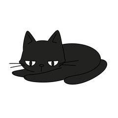 A black cat is laying down on a white background