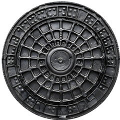 Naklejka premium A manhole cover with urban design isolated on white background, top view