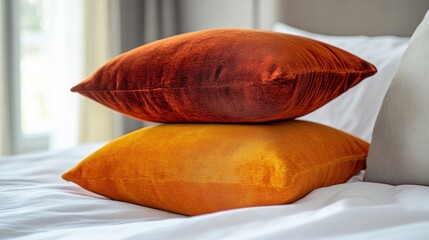 Two velvet throw pillows in orange and rust tones on a white bed.