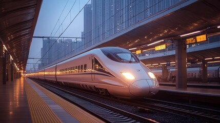 Fototapeta premium High-speed white passenger train moving at railway station platform at sunset