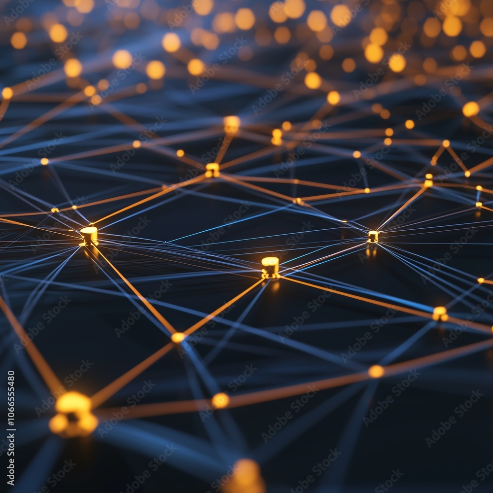Poster abstract digital network with glowing nodes and connections illuminated against a dark background at