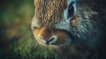 Close-up of a Brown Rabbit's Face with Blurry Green Background