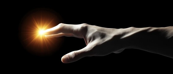 Obraz premium Delicate hand reaching toward a distant light in the darkness, capturing themes of faith, guidance, and breakthrough