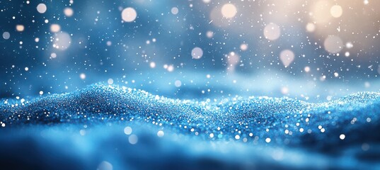 Bright Snowflakes and Glitter on Light Blue Blurred Backdrop